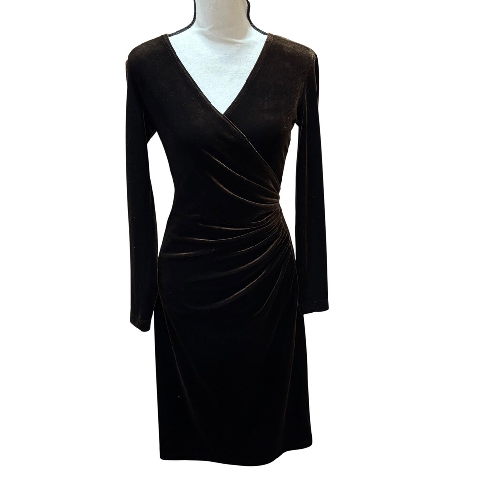 Tadashi Shoji‎ Velvet Brown Ruched Wrap Dress Long Sleeve Stretchy 
Midi XS